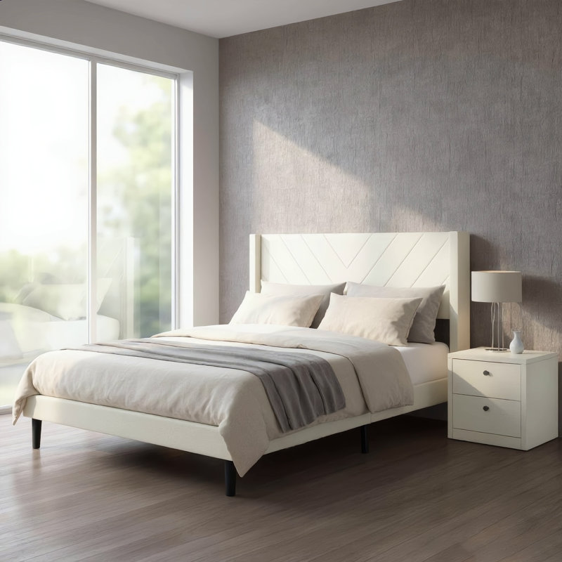 Structure de lit plateforme avec tête de lit tapissier à oreilles, support de lattes en bois robuste de grande taille, facile à assembler, beige