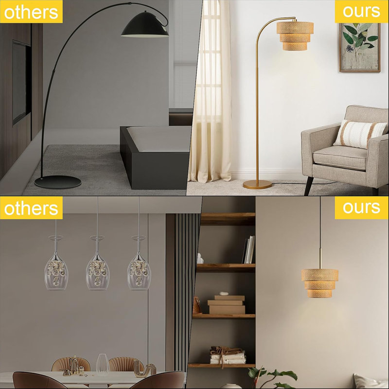 Abat-jour tambour en rotin à 3 niveaux pour luminaires suspendus, de plancher et de plafond (kaki)