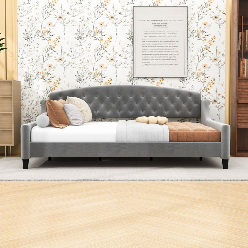 Full Size Tufted Upholstered Daybed with Slats, Grey