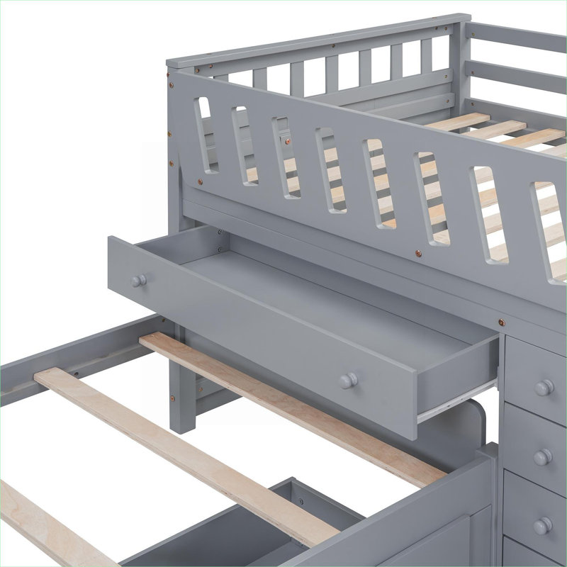 Lit plateforme en forme de L simple avec lit plateforme, lit en bois massif gris ardoise avec 7 tiroirs et garde-corps complets
