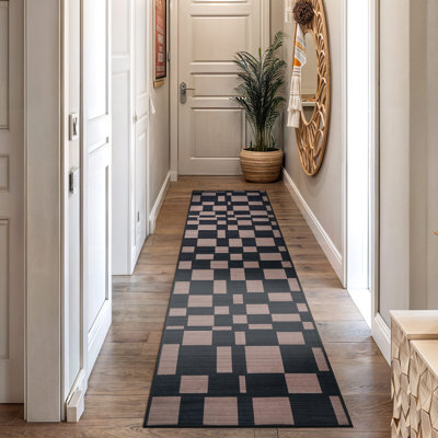 Checkered Block Slate Grey Machine Washable Polyester Non-Slip Backing Area Rug