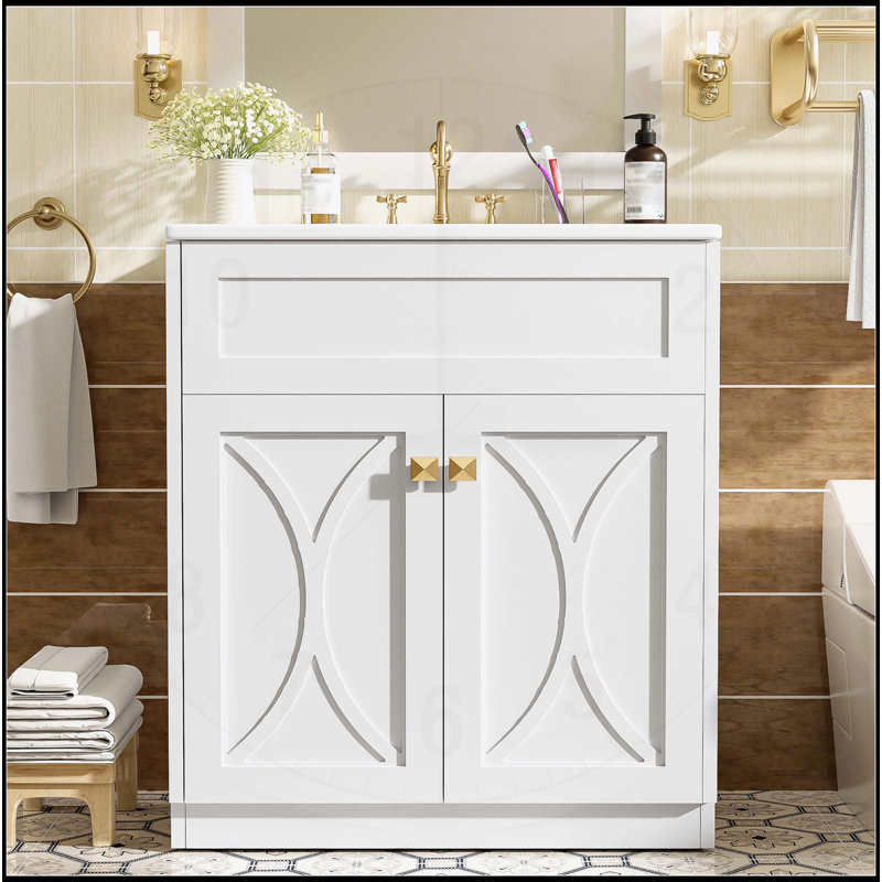 Armoire de rangement autoportante avec poignées dorées, portes à fermeture douce, Blanc