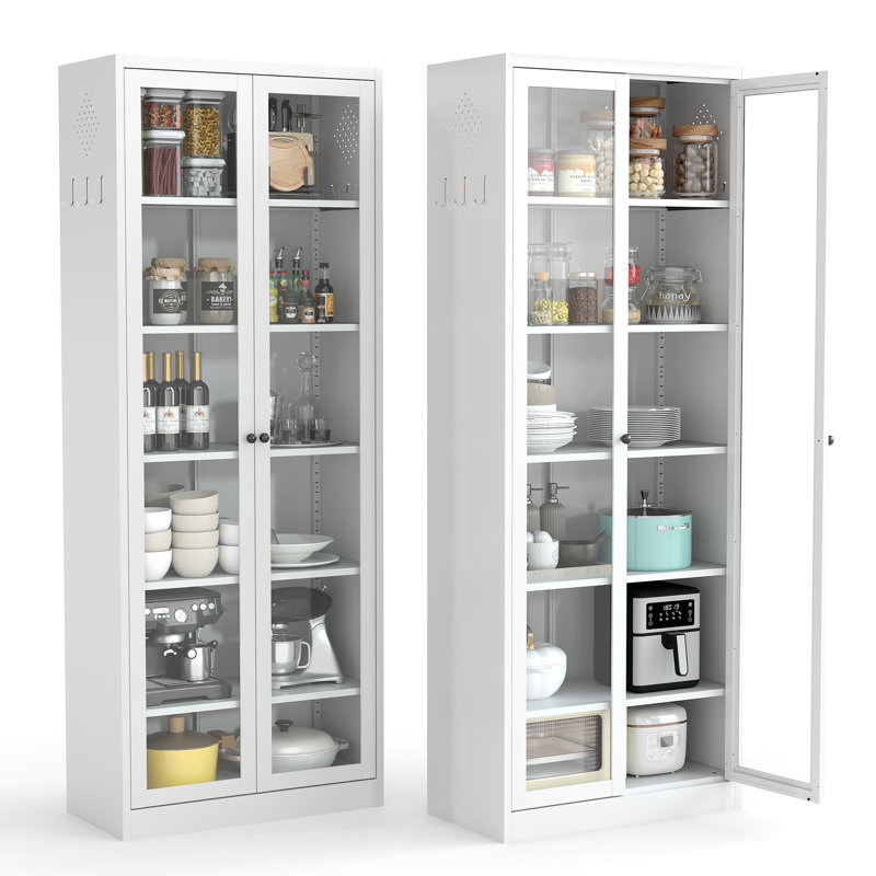 Armoire de rangement multi-pièces 72 po en métal blanc avec 2 portes vitrées pleine longueur et 5 tablettes réglables pour le linge de maison et les fournitures de bureau