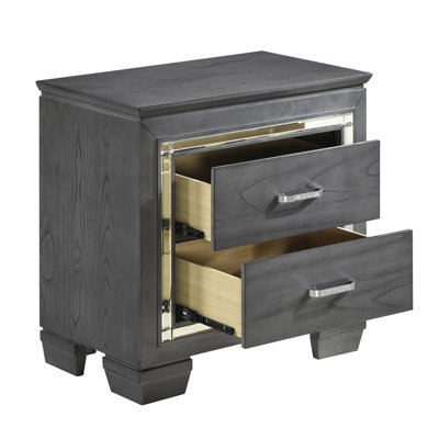 Table de chevet chic avec 2 tiroirs, éclairage à DEL et faux cristaux pour un enchantement élégant et gris fascinant