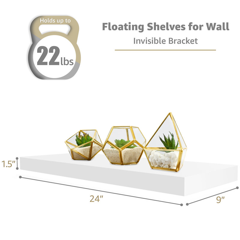 Floating Shelves with Invisible Mounting Set of 4, 1.5" H x 23.75" W x 9.25" D, White