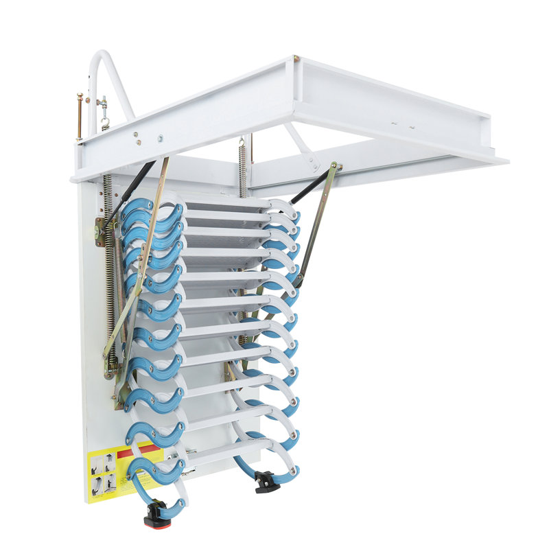 11 Steps Pull Down Folding Attic Stairs(Maximum Vertical Height:9.18Ft), White/Blue