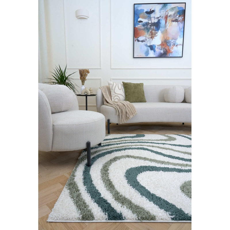 Moodi Modern Shaggy Area Rug Abstract Wavy Line Design, Runner 80 x 300 cm, Off-White/Green