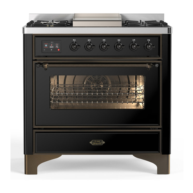 Majestic III Series 36 Inch Dual Fuel Range with 6 Sealed Burners, Griddle, in Glossy Black (Natural Gas, Brass Trim)