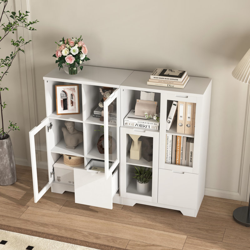 Armoire peinte en panneau de fibres à densité moyenne avec portes et tiroir en verre, espace de rangement ouvert, blanc, chambre à coucher, salon