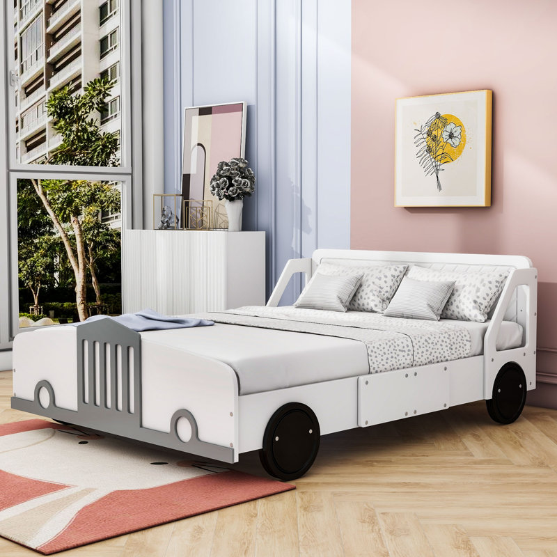 Lit plateforme en bois avec roulettes Ajamu, Double, Blanc