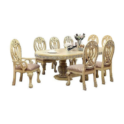 Ensemble de salle à manger 9 pièces Faya, table 76-112 po, 8 chaises, bois massif blanc rétro