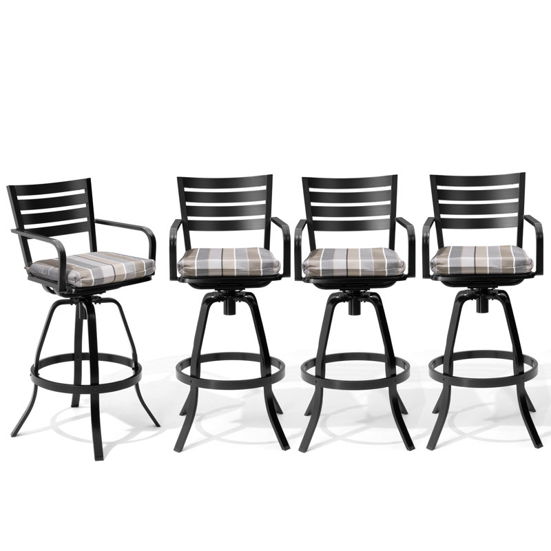 Tabouret de bar pivotant en aluminium 29 po avec coussin Sunbrella amovible Shamara (ensemble de 4), Blanc / gris / brun