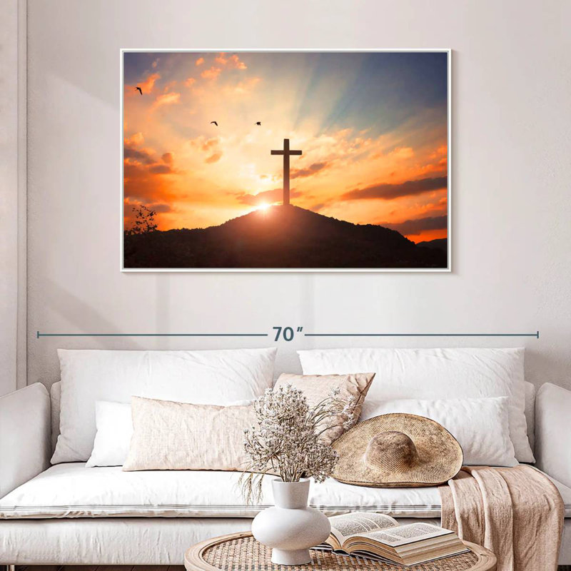 Coucher de soleil en croix, 46 po x 31 po, Cadre flottant blanc