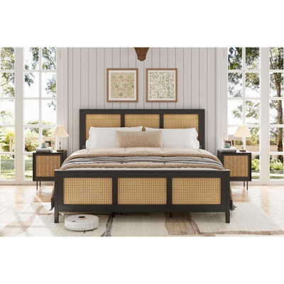Cadre de lit avec tête de lit, cadre de lit plateforme Boho Cane noir avec lattes métalliques solides, silencieux, aucun sommier tapissier requis