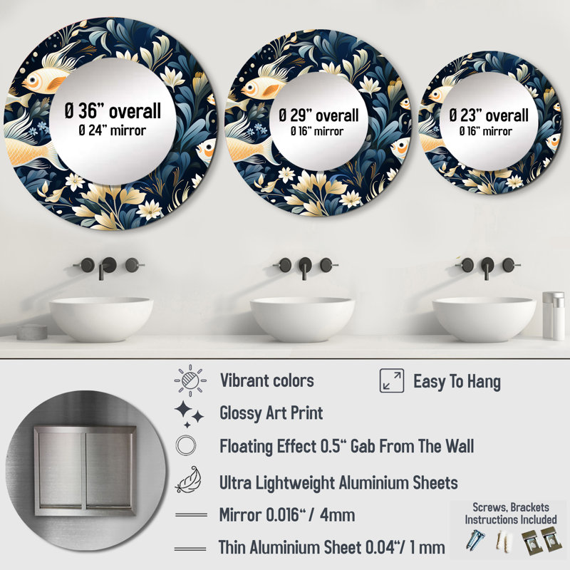 Ryshawn Coastal Underwater Elegance Coastal Pattern - Coastal Wall Mirror, Coastal, 23 po x 23 po, Rond