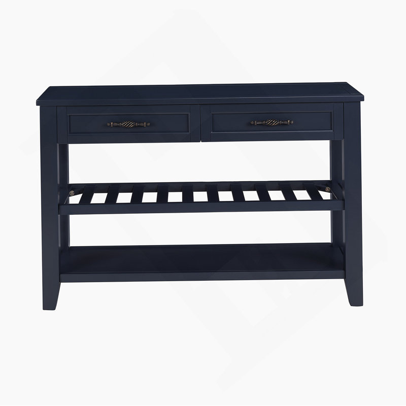 Console rétro avec deux tablettes ouvertes, structure en bois de pin massif et pieds pour le salon, Marine, Marine