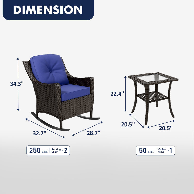 Ensemble de conversation avec chaise berçante pour 2 personnes et table d'appoint, Blue