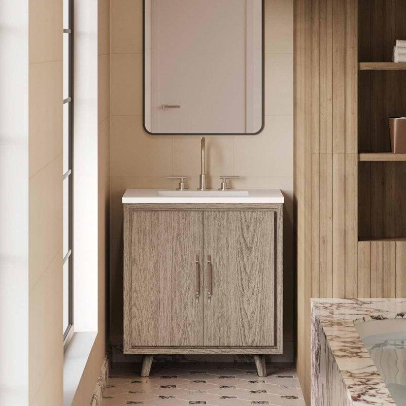 TileBar Studio Vanities Setton Greige Ash Single Vanity with White Quartz Top, 30" W