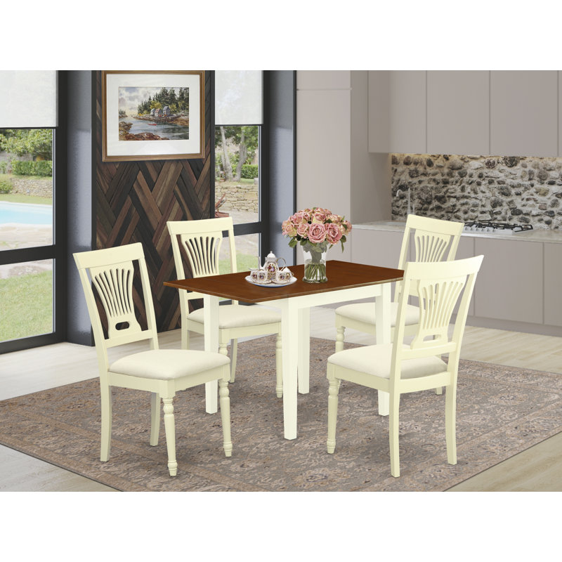 L'ensemble de salle à manger 5 pièces comprend une table de salle à manger rectangulaire avec Dropleaf et 4 chaises en tissu de lin, babeurre et cerise