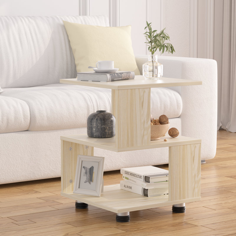 Table de chevet simple cubique ouverte, planche de bois manufacturée en grain naturel clair avec patins en caoutchouc noir