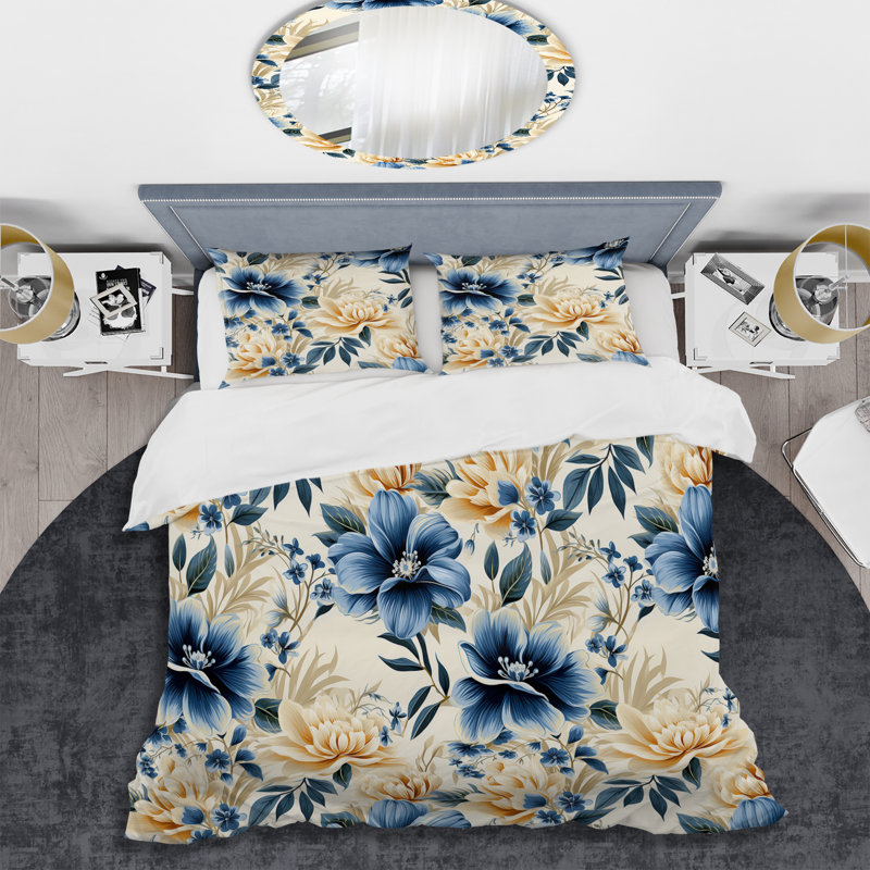 Literie Blue and White Flowers Retreat IV, Housse de couette pour grand lit et 2 taies décor