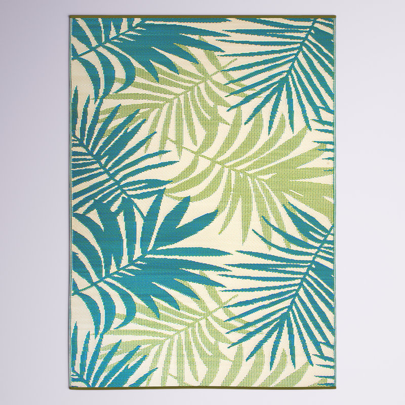 Rectangle Traci Floral Green/Blue/Ivory Indoor & Outdoor Plastic Straw Area Rug, Rectangle 3' x 5'