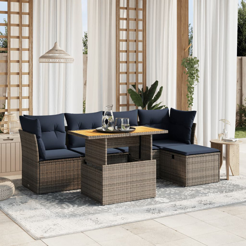 6 Piece Patio Sofa Set With Cushions Poly Rattan, Gray, Blue
