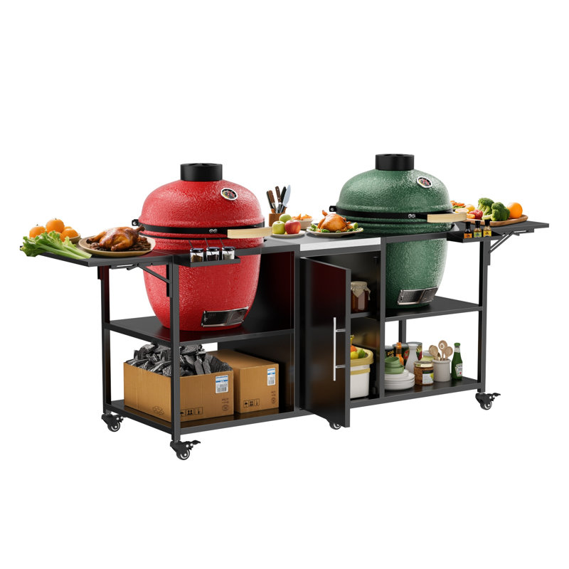 Chariot de barbecue extérieur double pour grandes cuisinières en céramique avec surface de préparation en acier inoxydable, noir et argent