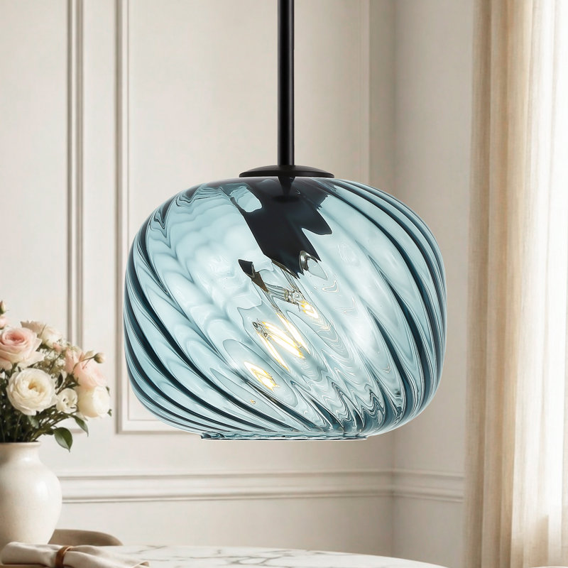 Luminaire suspendu sphérique en verre 1 lumière pour îlot de cuisine Emiliani, Bleu, Noir mat