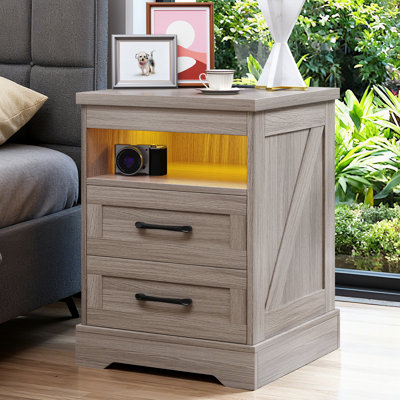 18"W 2-Drawer Wood Nightstand, Rustic End Table with Charging Station and  LED Light