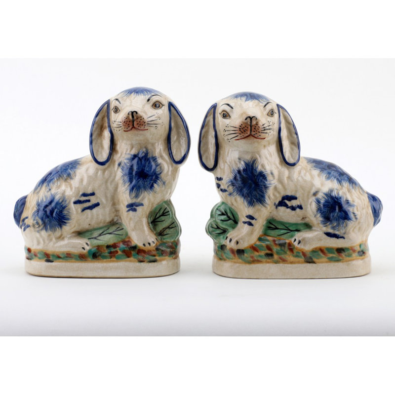 Small Staffordshire Bunny Hares Figurine, Blue/Cream, 6.5" H x 6" W x 3" D