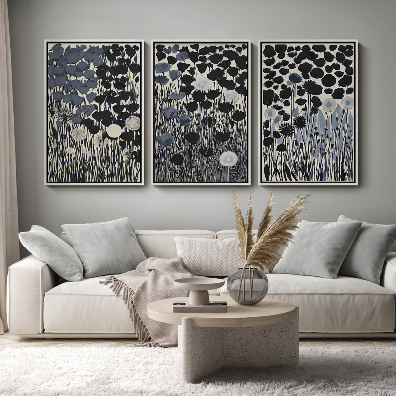 Art mural moderne encadré botanique moderne noir et gris 3 pièces, H 36 po x l 24 po, Blanc