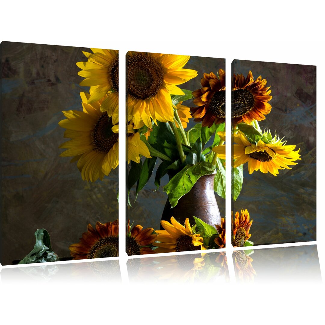 3-tlg. Leinwandbilder-Set Sonnenblumen in edler Vase, Fotodruck