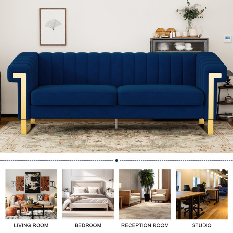 Maruin 83.86'' Velvet Sofa, Blue