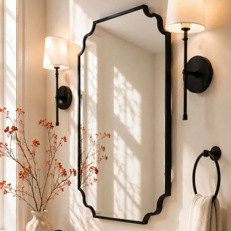 Miroir de salle de bain noir festonné 32 x 24 pouces à placer au-dessus du lavabo, miroir asymétrique noir mat pour coiffeuse