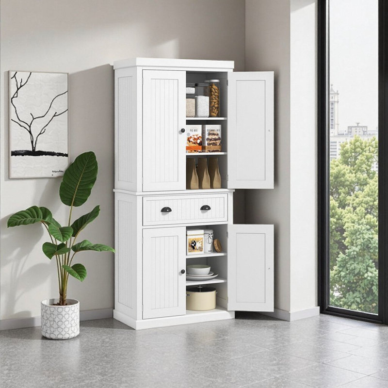 72" Farmhouse Kitchen Pantry Cabinet with Drawer & Adjustable Shelves, Freestanding Storage Cupboard, White, White
