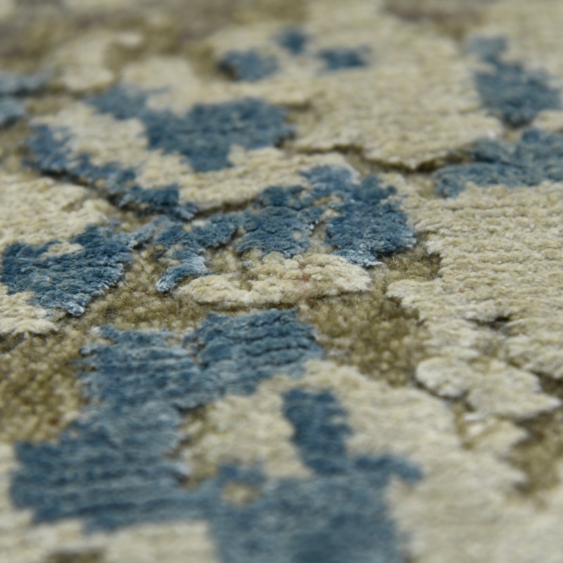 Blue Hand-Knotted Wool and Silk Abstract 8' x 10' Rug