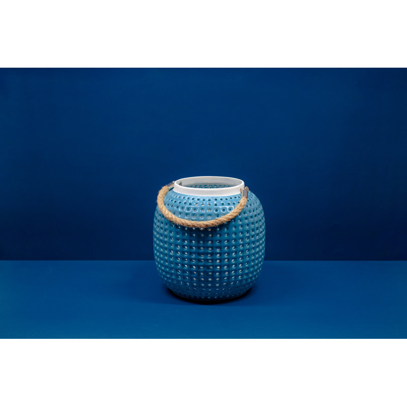 Lantern Porcelain Table Lamp- Dark Ceramic Light with Asian Inspired Cutouts, Turquoise 