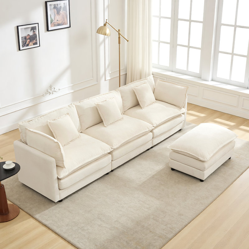 Shamill Chenille Cloud Sofa Couch with Ottoman – Plush 2-Layer Cushions , Cream Chenille