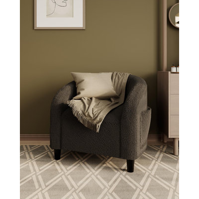 Cozy Boucle Sherpa Barrel Accent Chair, Soft Furry Upholstered Round Armchair with Plush Cushion & Curved Rounded Backrest, Stylish Leisure Lounge Chair for Living Room, Bedroom & Reading Nook
