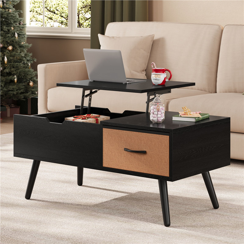 Table basse à plateau relevable de 39,5 po avec compartiment caché et tiroir, Noir / brun rustique