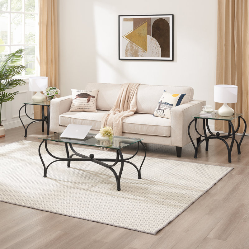 Ensemble de 3 tables basses décoratives en verre trempé avec 2 tables de bout carrées et une conception robuste et robuste pour le salon (noir rustique)