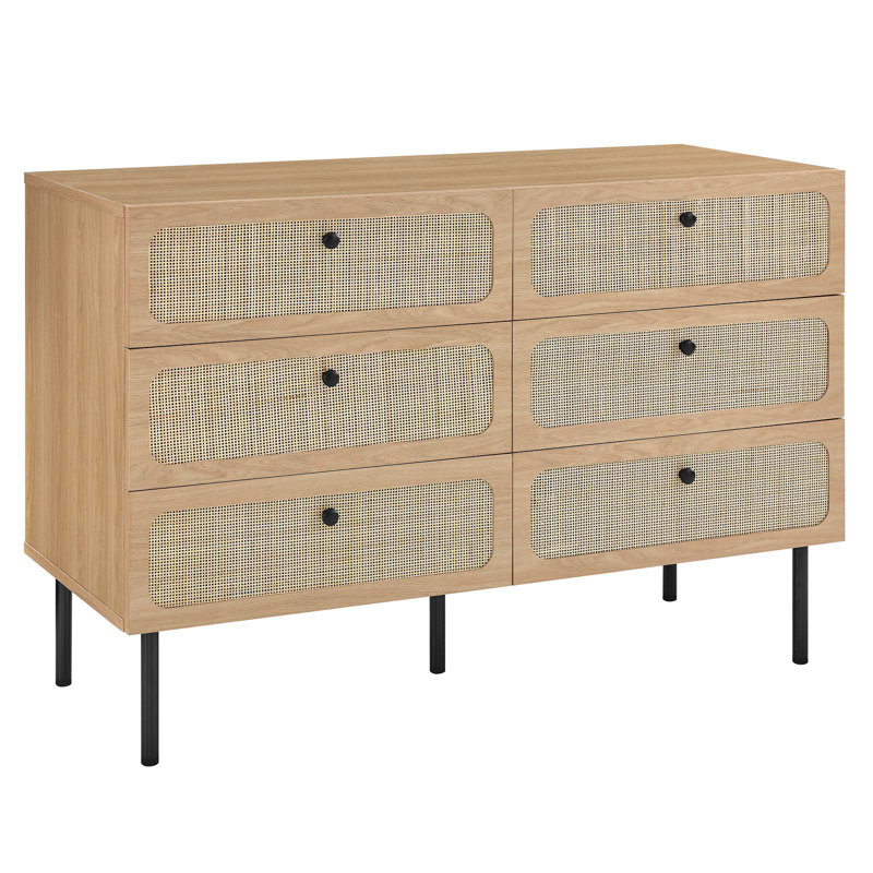 Chaucer Oak and Rattan 6-Drawer Compact Dresser with Adjustable Feet