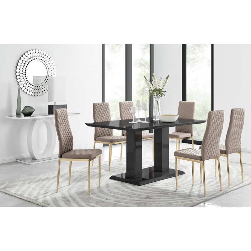Eubanks High Gloss Double Pillar Dining Table Set with 6 Luxury Faux Leather Dining Chairs, White, Cappuccino/Gold