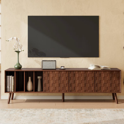 Meuble télé Mid-Century moderne, console multimédia avec 5 pieds en bois massif pour téléviseur de 75 po ou moins, meuble audio-vidéo durable et élégant
