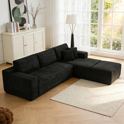 106.5" Boneless L-shaped Corduroy Upholstered Three-seat Lounge Sofa With Chaise And Ottoman, No Assembly Required