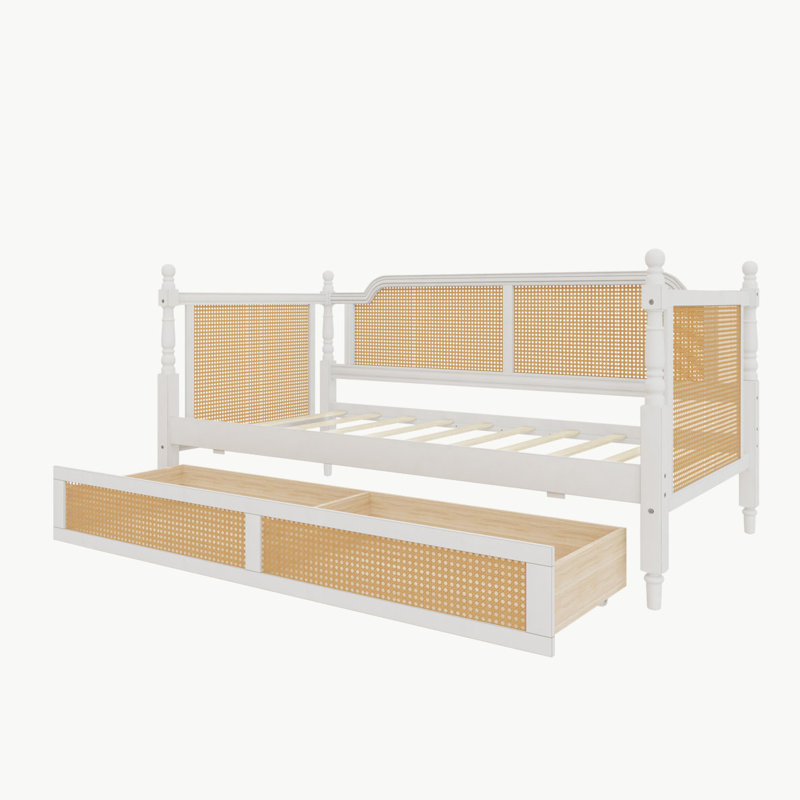Traditional Style Rattan Daybed with Twin Size Trundle, Antique White, Twin