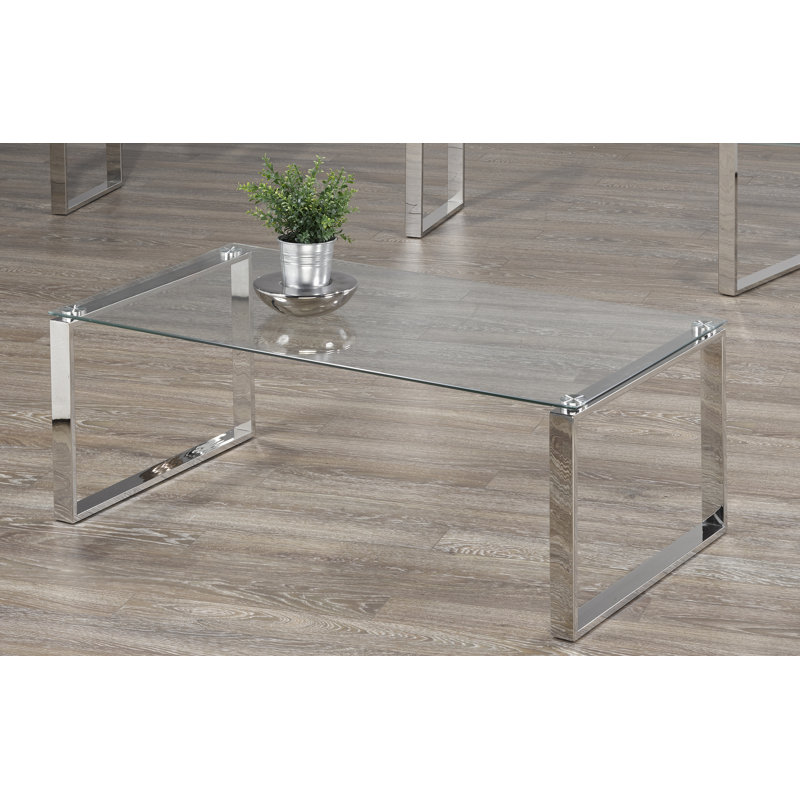 Table basse moderne en verre avec pieds en métal chromé, table de salon rectangulaire en verre trempé