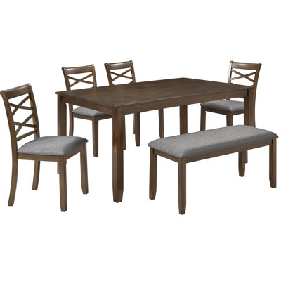 Rectangular, Walnut, 6, Dining Table , Upholstered Chairs, Bench, Smooth Surface, High Weight Capacity, Family Get-togethers 6, Non-slip Feet, Fabric, Living Room Arrangement