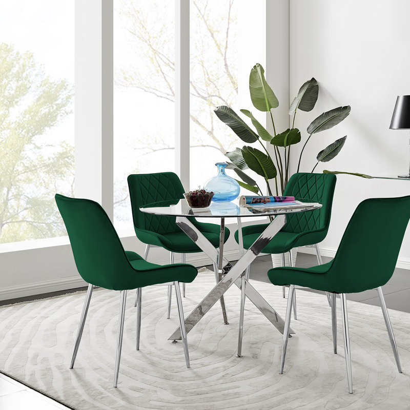 Tierra Modern Metal & Glass Round Dining Table Set with 4 Luxury Velvet Dining Chairs, Green/Silver